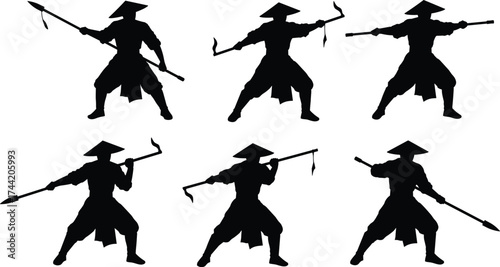 Martial arts warrior silhouette poses with spear staff weapon, traditional Asian fighter stances, combat training illustration, samurai ninja vector design