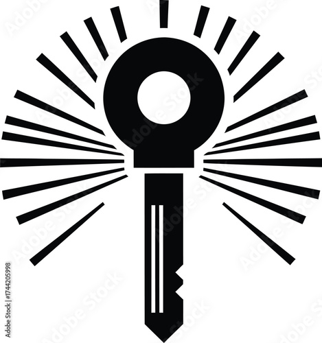 Symbolic black key with radiating lines representing innovation discovery and unlocking new possibilities on a white background