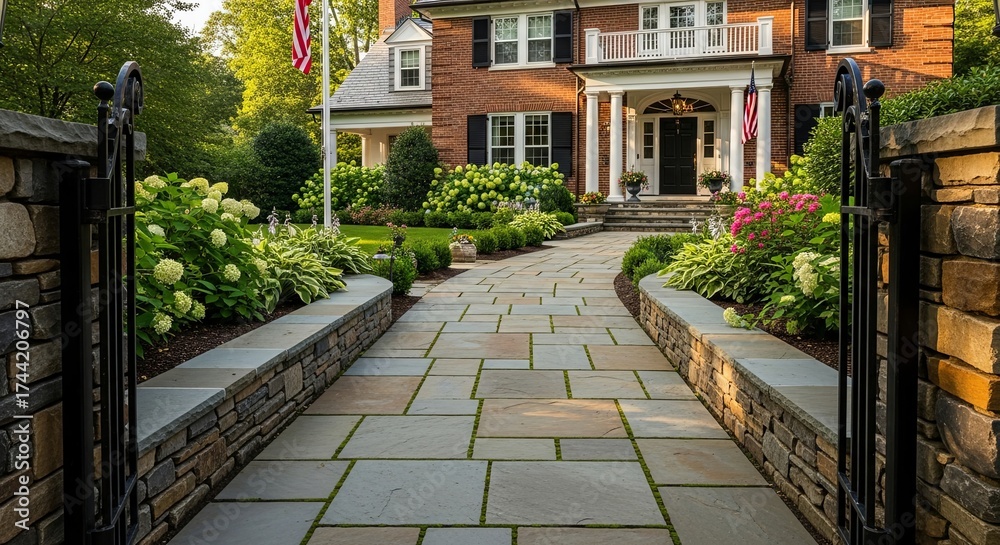 Fototapeta premium Beautiful brick pathway leading towards a suburban home, framed by blooming flowers and lush greenery at sunset. (4).jpeg