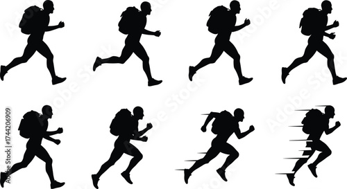 Running backpack silhouette sequence, athlete jogging motion poses, speed training vector illustration, fitness exercise activity, sport runner acceleration graphic design