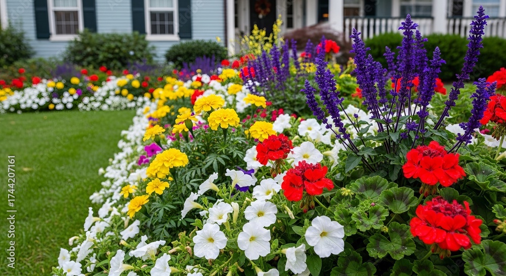 Fototapeta premium Beautiful brick pathway leading towards a suburban home, framed by blooming flowers and lush greenery at sunset. (4).jpeg