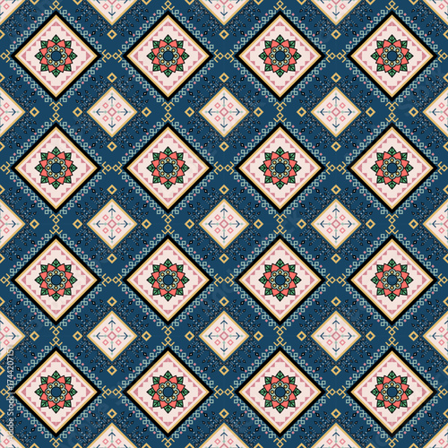 Intricate blue and pink ethnic geometric pattern with floral mandala squares, perfect for textiles, fashion, wallpaper, and tribal-inspired design.
