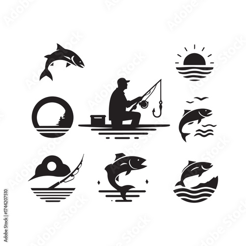 Assortment of eight black and white fishing icons showcasing dynamic fish and solitary anglers in natural settings