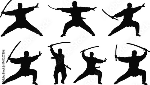 Samurai sword martial arts silhouette vector illustration set featuring traditional Japanese katana stances, combat poses, warrior training, cultural discipline design