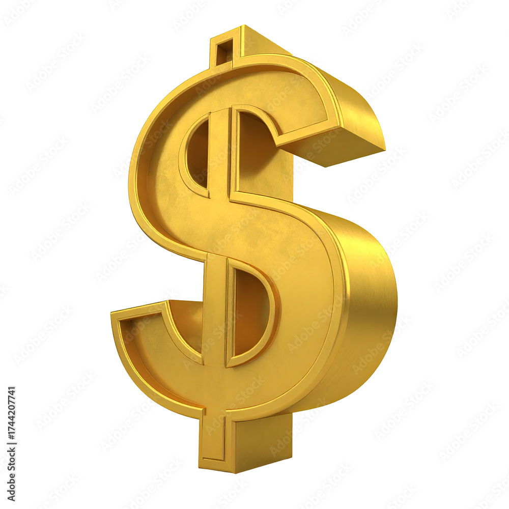 Obraz premium A gold, three-dimensional dollar sign, isolated against a black background, angled slightly