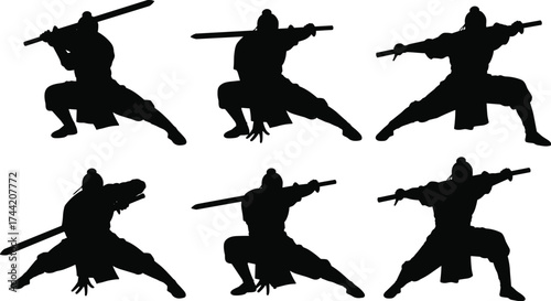 Samurai warrior silhouette vector illustration showing traditional Japanese fighter with katana sword performing martial arts stances, combat poses, and movements