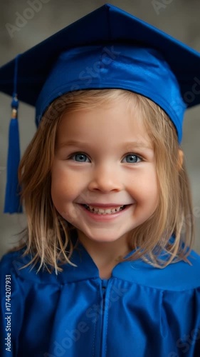 A young child smiles, wearing a blue graduation cap and gown, celebrating a milestone.