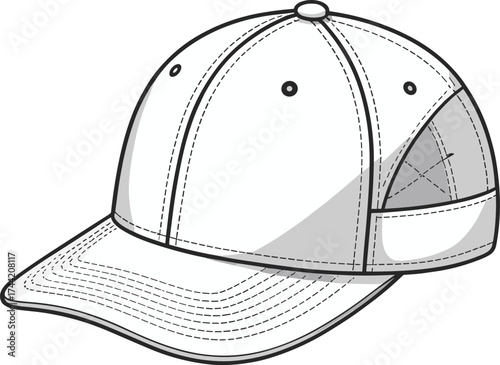 Silhouette baseball cap vector illustration, detailed hat design with curved brim, stitched panels, adjustable strap, fashion accessory, casual headwear graphic