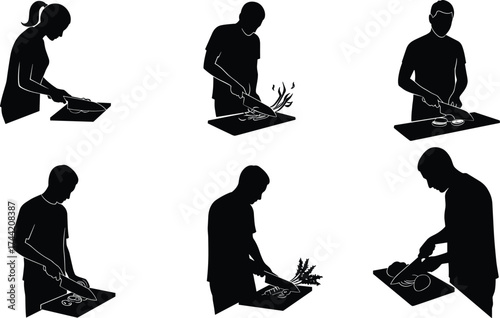 Silhouette chefs chopping vegetables on cutting boards, cooking preparation with knives, culinary food slicing illustration, kitchen work vector design artwork