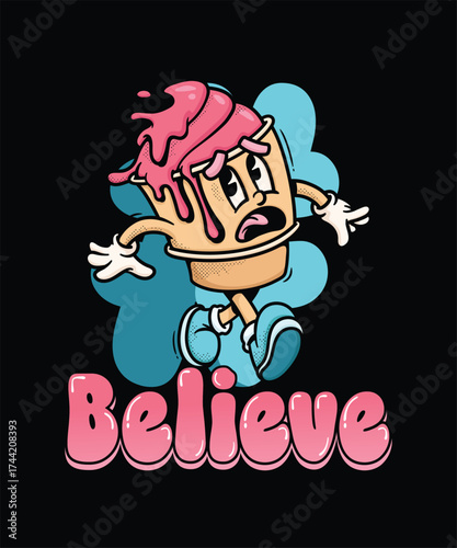 A cartoon ice cream running away and saying believe T-shirt Design