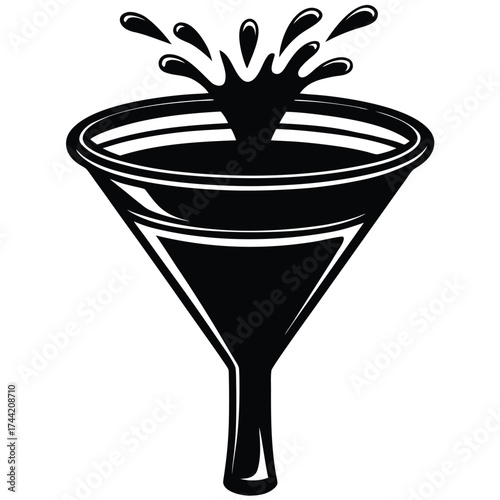 Black silhouette of a funnel with liquid splashing out pouring overflow