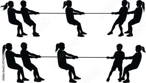 Silhouette children playing tug of war game outdoors, teamwork competition, kids pulling rope, childhood activity, strength challenge, fun exercise
