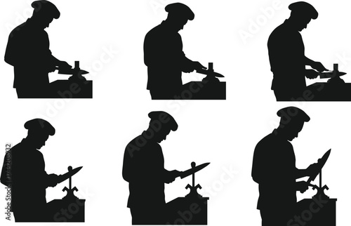 Silhouette craftsman working at table with tools, artisan creating handmade objects, black profile worker sequence showing traditional craftsmanship process