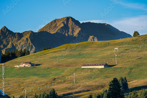 Paisagem rural do verão nos alpes da frança durante a manhã com céu azul e céu.