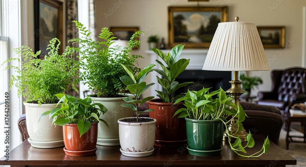 Fototapeta premium Indoor Plant Collection Displayed on Wooden Table Near Window in Comfortable Living Room Setting