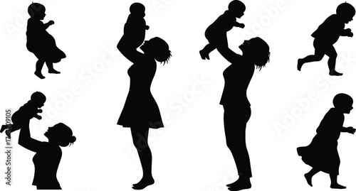 Silhouette family playing together, parent lifting child, running and walking kids, love care relationship, childhood activity, parenting bond, happy vector illustration