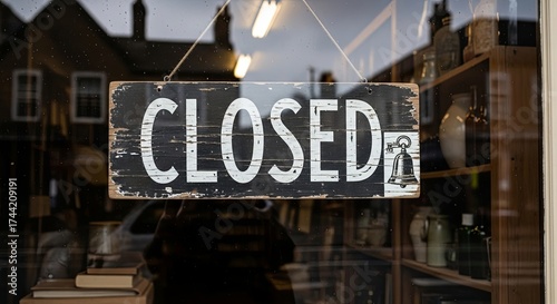 Rustic 'CLOSED' sign, with bold white lettering, hangs within a shop window, clearly indicating temporary business cessation or daily closure, reflecting a quiet urban pause