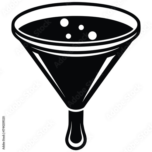Black silhouette of a funnel filled with liquid and bubbles filter fluid