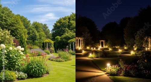 Day and Night A Tranquil Garden Transformation with Blooming Flowers and Landscape Lighting