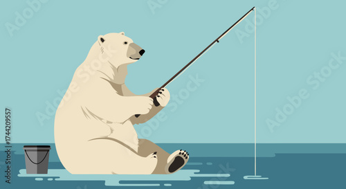 Polar bear fishing while sitting on ice with fishing rod and bucket, background, vector