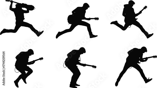 Silhouette guitarist playing electric guitar, rock concert performance, energetic musician jumping, dynamic stage movement, live music passion, artistic vector illustration design