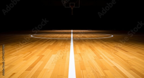 A brightly lit wooden basketball court stretches into the darkness, highlighting the half-court line and hoop, ready for intense competition and athletic performance