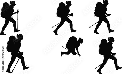 Silhouette hiker trekking with backpack and poles, outdoor adventure poses, mountain climbing activity, walking exploration, travel journey, nature hiking vector illustration