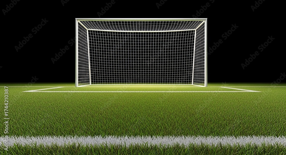 Fototapeta premium Professional soccer goal illuminated under focused lights on a pristine green grass football field at night, ready for championship action and thrilling sports competition