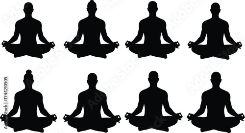 Silhouette meditation figures in lotus pose with diverse hairstyles practicing yoga mindfulness inner peace relaxation spiritual balance wellness harmony