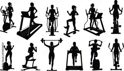 Gym workout silhouettes, treadmill exercise, elliptical training, stair stepper fitness, weightlifting poses, cardio routine, strength training, fitness equipment, active lifestyle, health