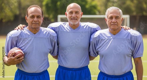 A trio of enthusiastic senior football players pose on the field, embodying enduring team spirit and the joy of an active lifestyle in their golden years