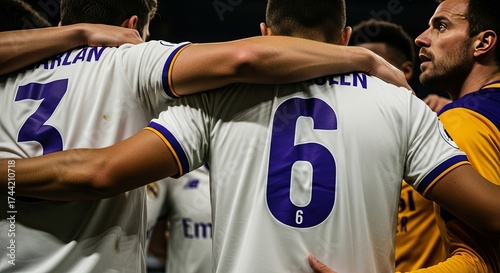 Professional soccer players gather in a close huddle on the field, showcasing powerful teamwork and strategic discussion during an intense game, embodying unity and determination for victory