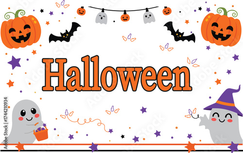 Halloween themed festive border frame cute ghosts, bats and pumpkins with orange and black holiday decorations on a clean white background vector illustration