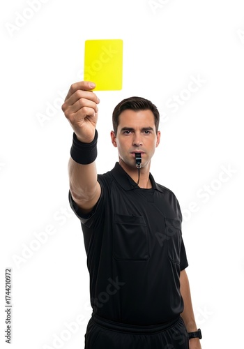 Vigilant male referee in black uniform holds up a yellow card and blows his whistle, indicating a caution during a competitive sports game on a white background