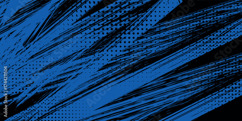sports background, banner design in blue and black with pointed shapes and empty space. brush stroke pattern