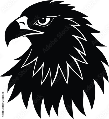 Black vector cartoon eagle head with a feathered beak for a tattoo or logo illustration of a wild animal symbol