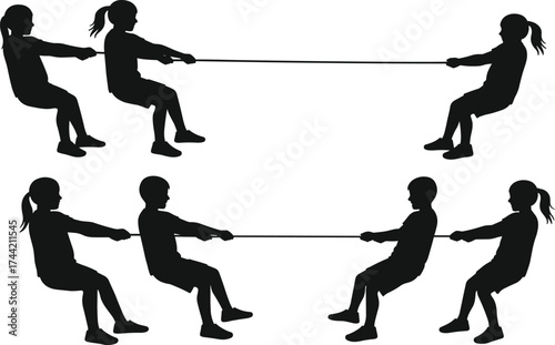 Silhouette teamwork tug of war competition with group pulling rope, business challenge concept, strength struggle, unity effort, leadership strategy