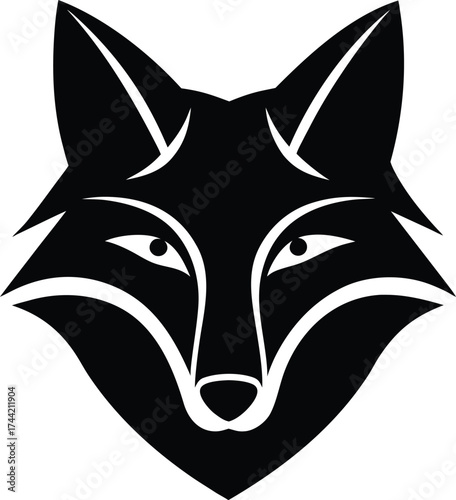A black silhouette of a wolf head vector design, like a tattoo or symbol, illustrating a wild canine animal with a husky-like face