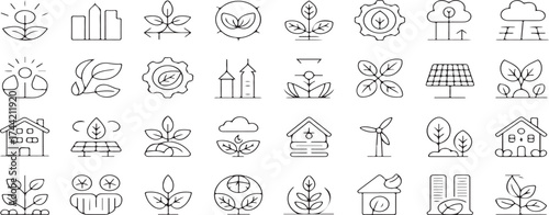 ecology, sustainability, line icons, vector set, outline icons, green energy, conservation, environment, nature, eco-friendly, thin line, climate action, renewable, earth, plant, leaf, growing, windmi