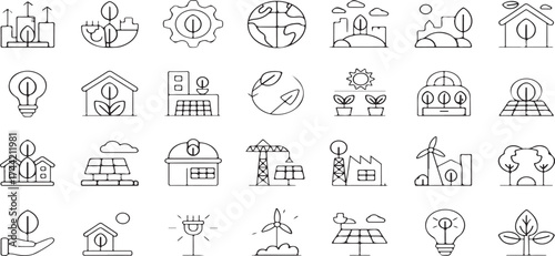 sustainability, ecology, environment, eco-friendly, green energy, thin line, outline icons, vector, black and white, renewable energy, climate change, solar power, wind power, electric car, recycling,
