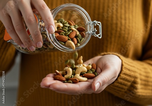 Woman in a cozy sweater pouring a healthy trail mix snack into her hand from a glass jar.