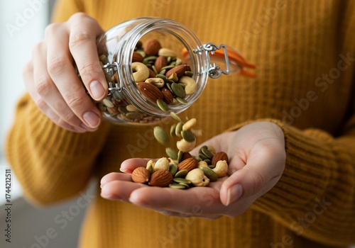 Woman in a yellow sweater pouring a healthy trail mix of nuts and seeds from a glass jar into her hand.
