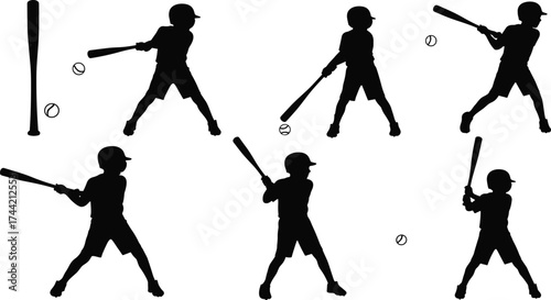 Silhouette vector illustration of baseball players in batting stances with bat and ball, sports action concept, black design icons athletic training art