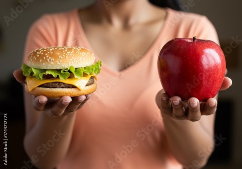 Woman making a difficult choice between a healthy apple and an unhealthy burger.