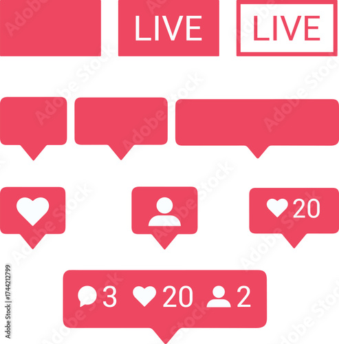 Instagram notification bubble icons set - Follow, React, Comments, Live buttons | Multiple icons