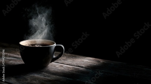 A steaming cup of coffee on a dark wooden table with dramatic spotlighting