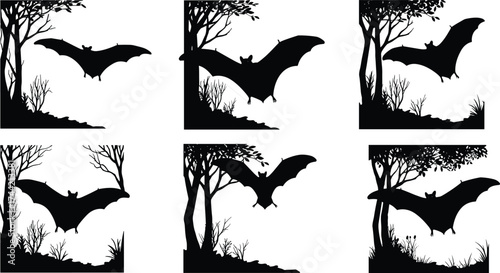 Silhouette vector illustration of bats flying with wings spread among trees and grass, spooky Halloween night concept, black design icons decoration art