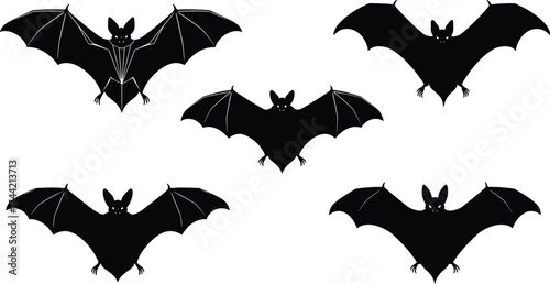 Silhouette vector illustration of bats with wings spread in circular arrangement, spooky Halloween concept, black design icons, night creature decoration art