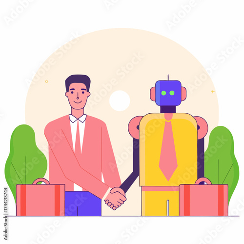 A businessperson shaking hands with a humanoid robot