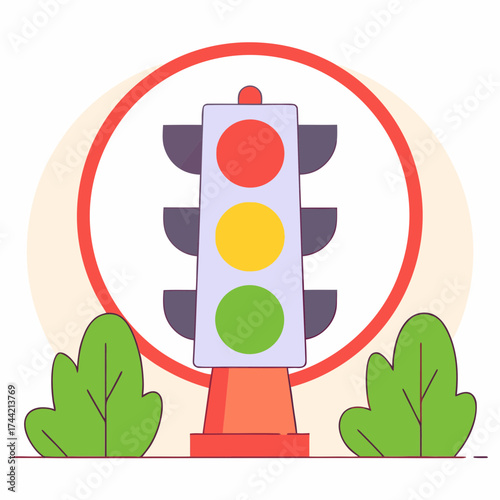 A traffic signal with lights in a vibrant illustration